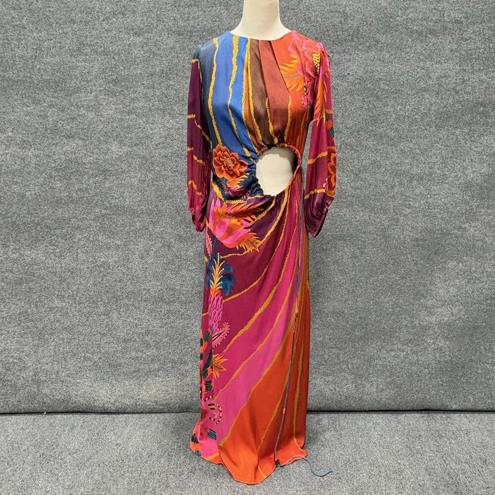 Farm Rio Dress Womens Small Multicolor Tropical Floral Cut Out Long Sleeve Maxi